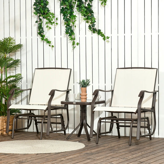 3 Piece Patio Glider Set, Breathable Mesh Seat, Glass Top Table, Cream White Outdoor Gliders Brown Frame, Cream White Fabric at Gallery Canada