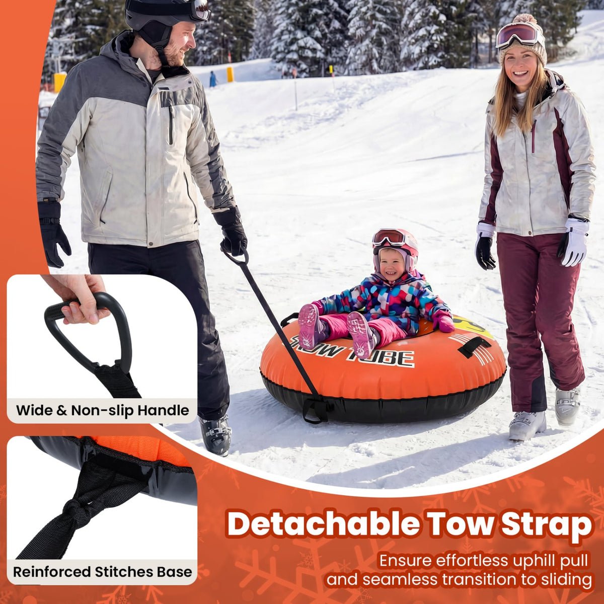 42" Heavy-Duty Inflatable Snow Tube, Detachable Tow Strap, Orange Winter Sports & Activities at Gallery Canada