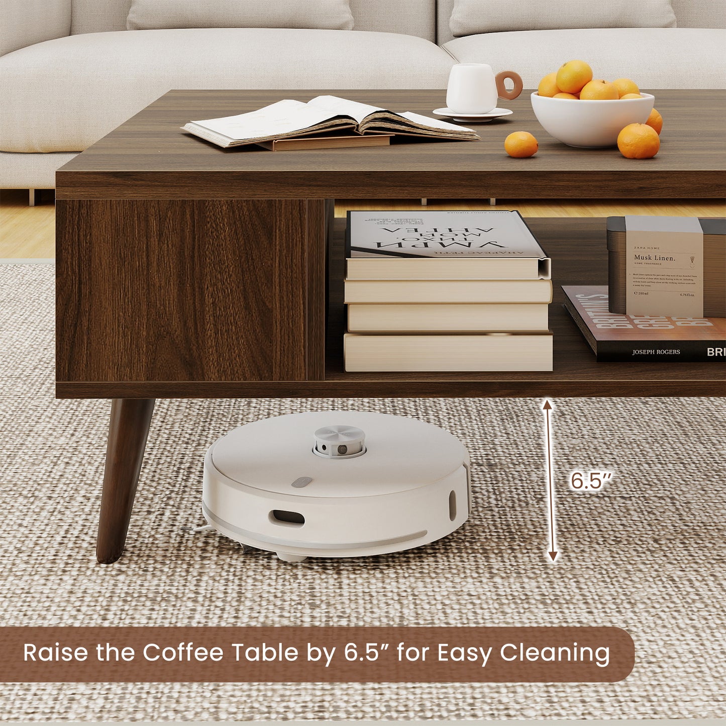 42 Inch Mid Century Modern Coffee Table Rectangular with Open Compartment, Walnut Coffee Tables at Gallery Canada