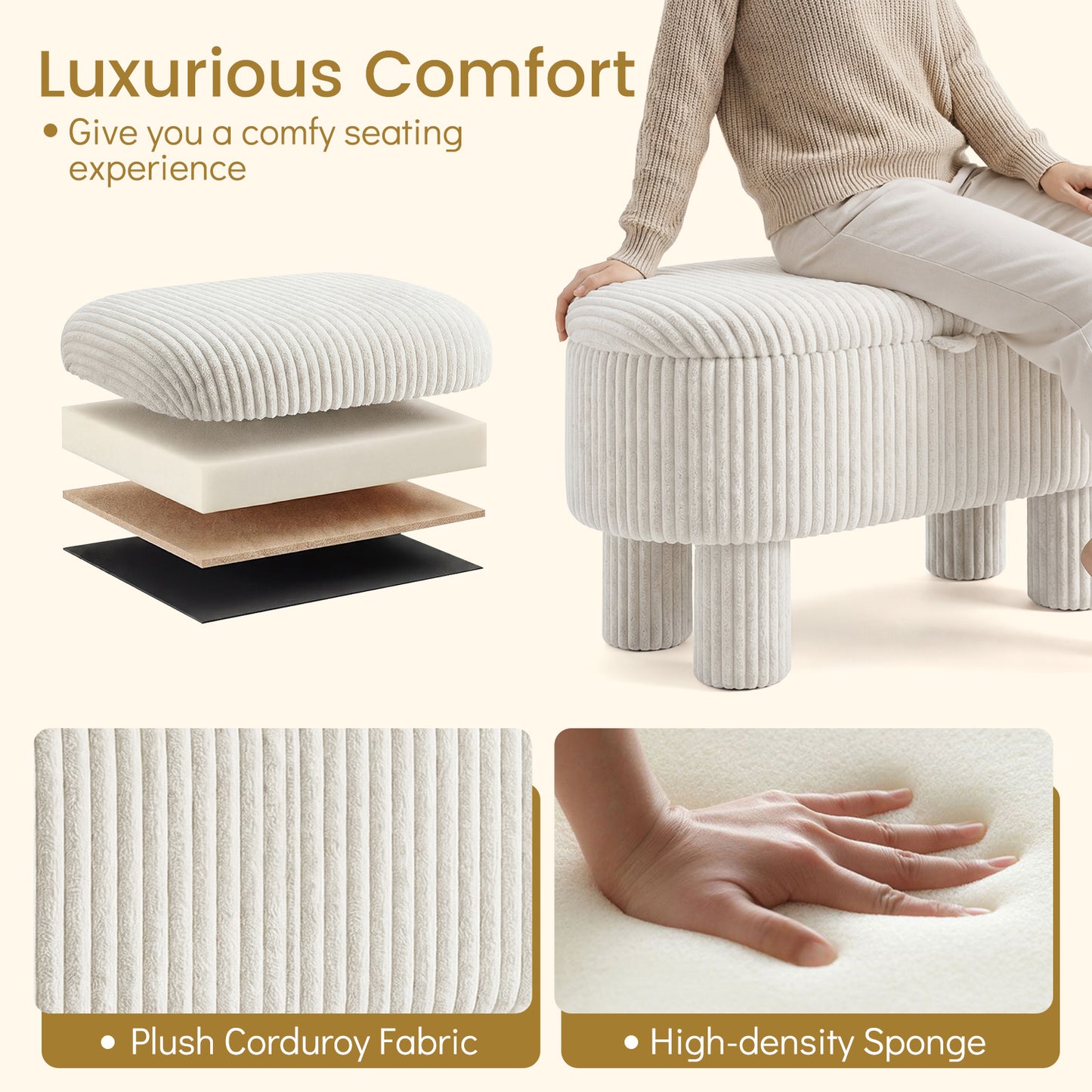 42 Inch Storage Ottoman Bench Corduroy, Beige Ottomans at Gallery Canada