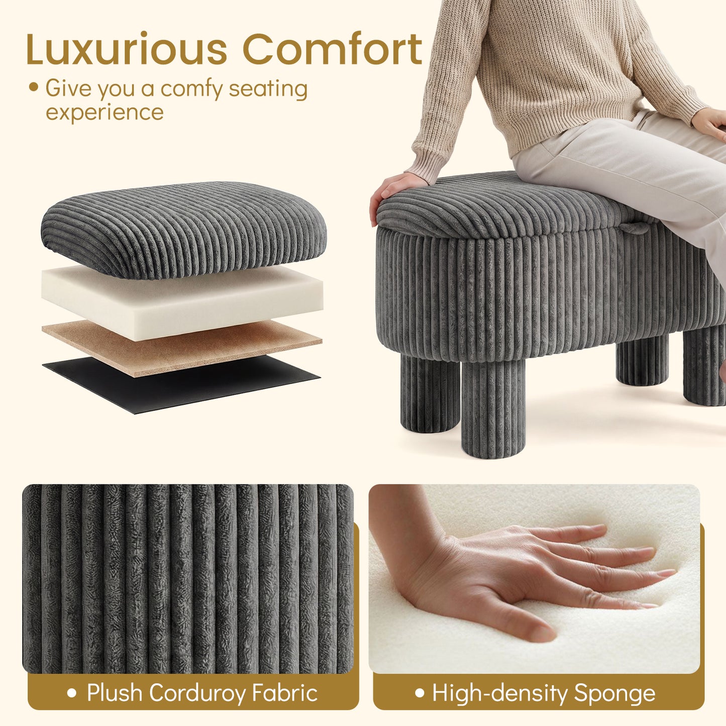 42 Inch Storage Ottoman Bench, Corduroy Fabric Footstool, Gray Ottomans at Gallery Canada