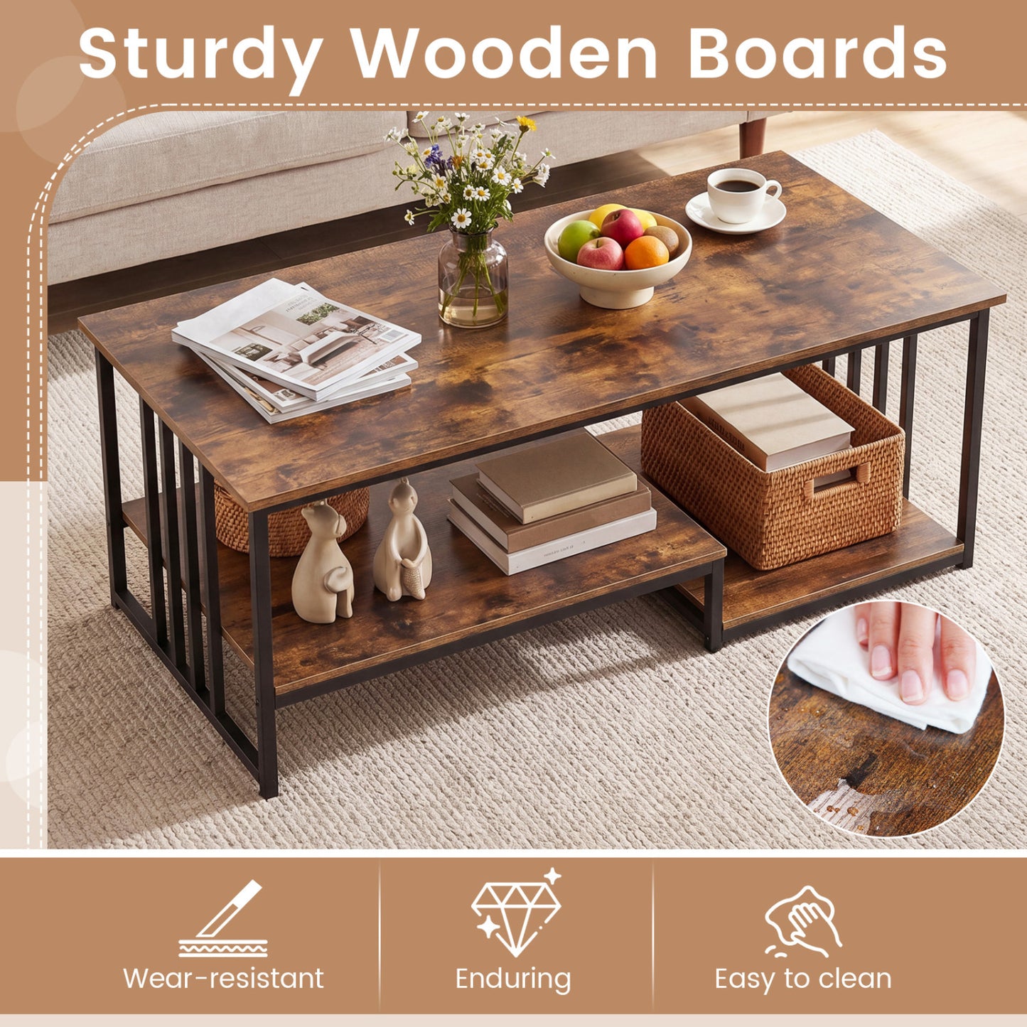 43.5" Coffee Table 2-Tier Open Shelf, Rustic Brown Coffee Tables at Gallery Canada