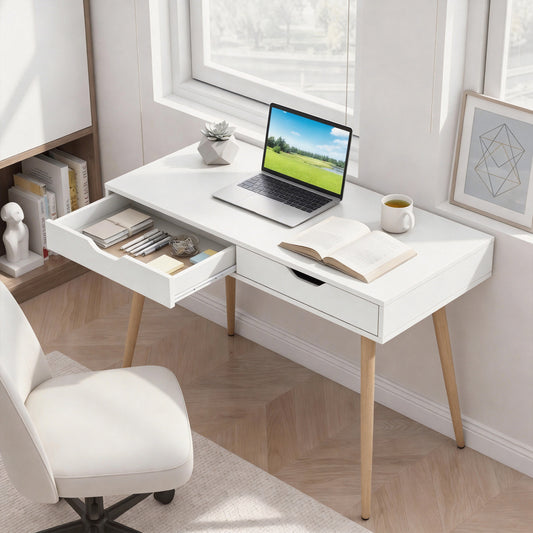 43.5 Inch Computer Desk With 2 Drawers, White Computer Desks White at Gallery Canada