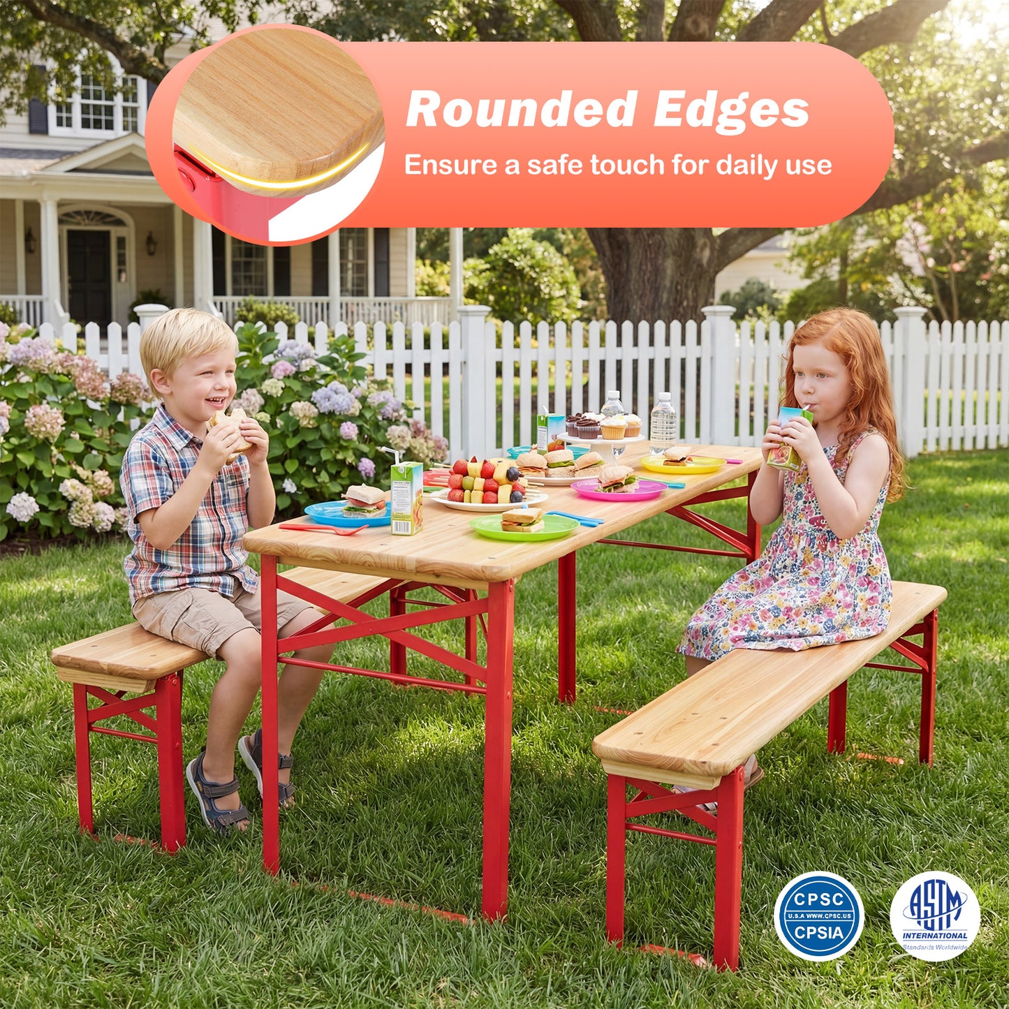 43.5 Inch Folding Kids Picnic Table, Bench Set, Wooden Toddler Table, Red Kids Table & Chair Sets at Gallery Canada