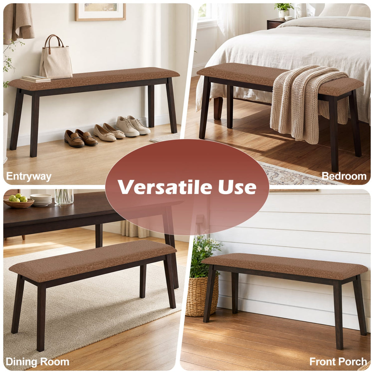 43.5 Inch Upholstered Entryway Bench, Rubber Wood, Brown Shoe Racks & Storage Benches at Gallery Canada
