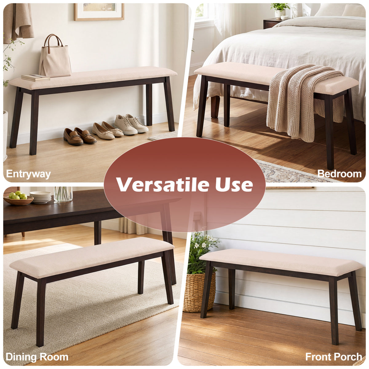 43.5 Inch Upholstered Entryway Bench, Rubber Wood Frame, Beige Shoe Racks & Storage Benches at Gallery Canada