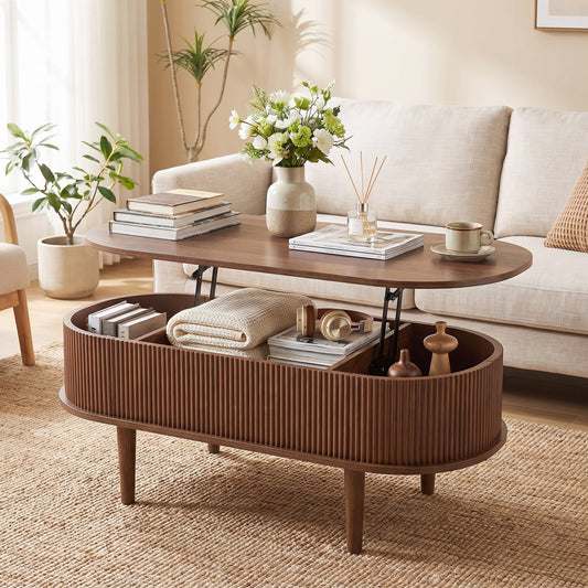 43.5" Oval Lift Top Coffee Table, Storage, Walnut Coffee Tables Walnut at Gallery Canada