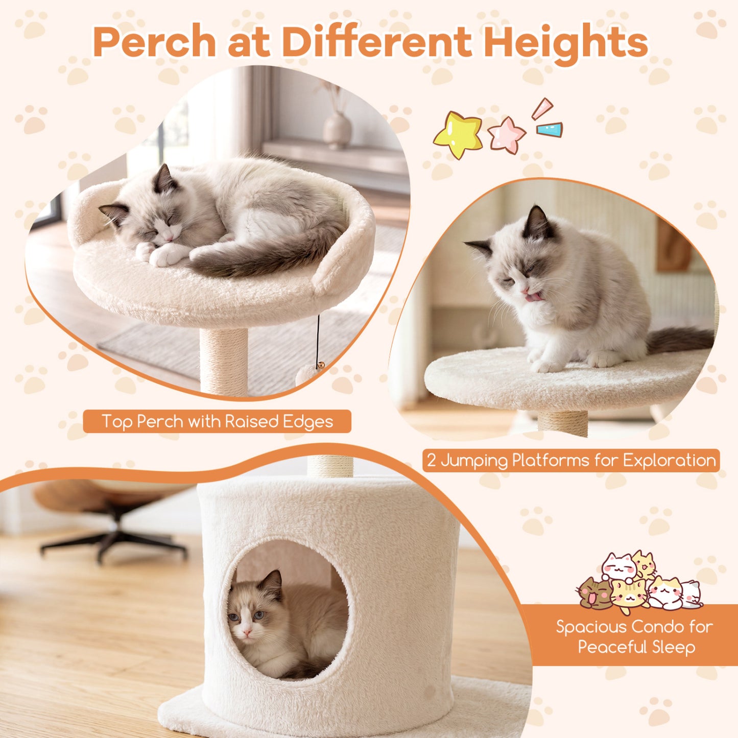 43" Cat Tree for Indoor Cats with Comfy Plush Perches and Sisal Scratching Posts, Beige Cat Trees Condos & Scratchers at Gallery Canada