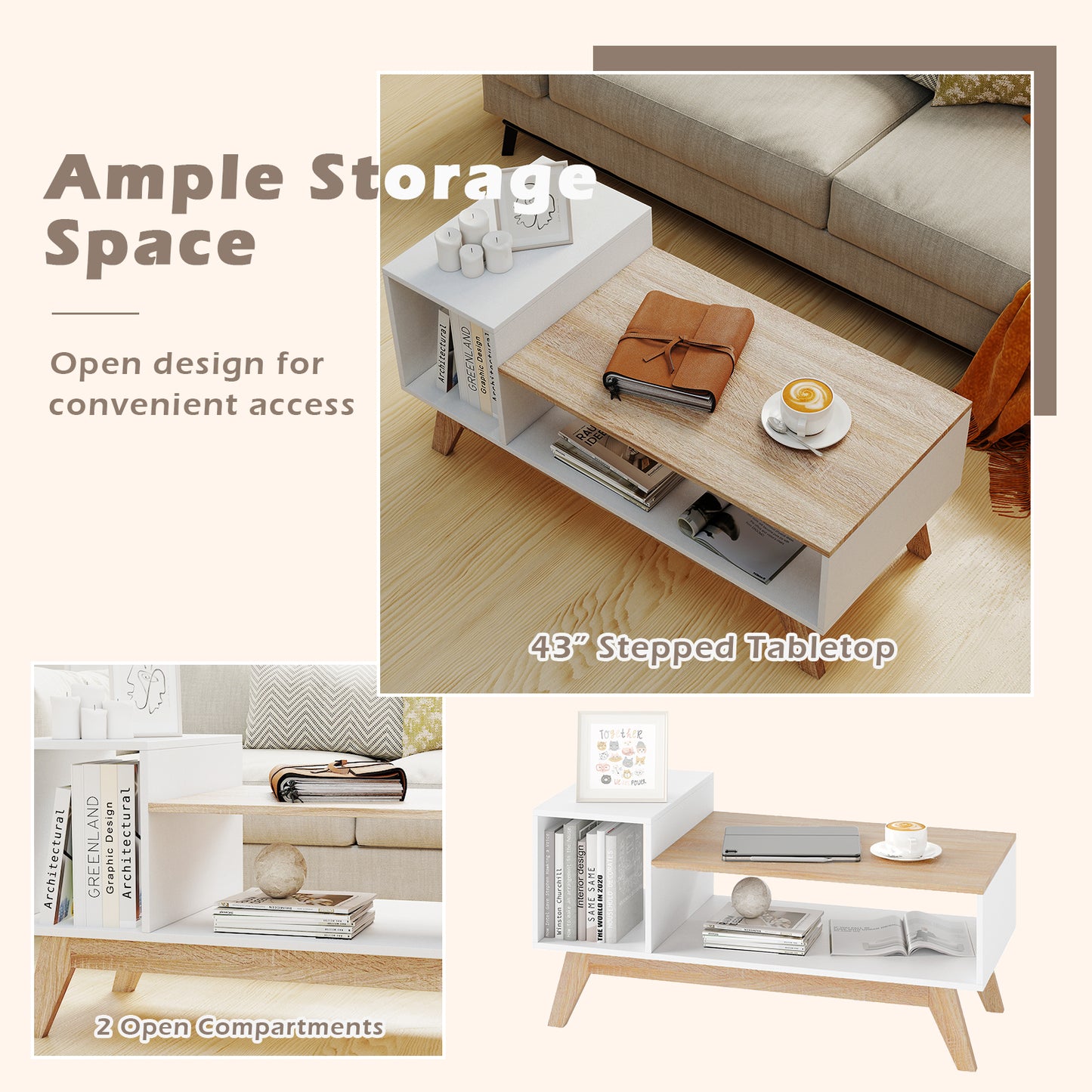 43 Inch Coffee Table, Stepped Tabletop, Storage Compartments, White Coffee Tables at Gallery Canada