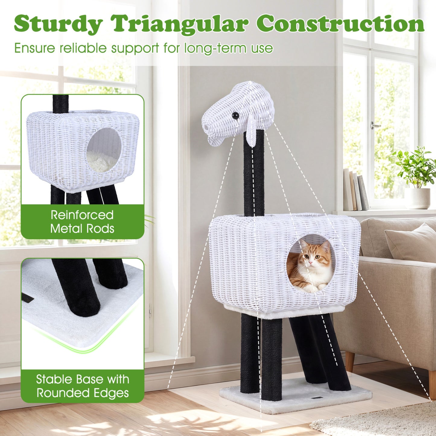 43-Inch Lamb-Shaped Cat Tower, 2-Door Rattan Condo, White Cat Trees Condos & Scratchers at Gallery Canada