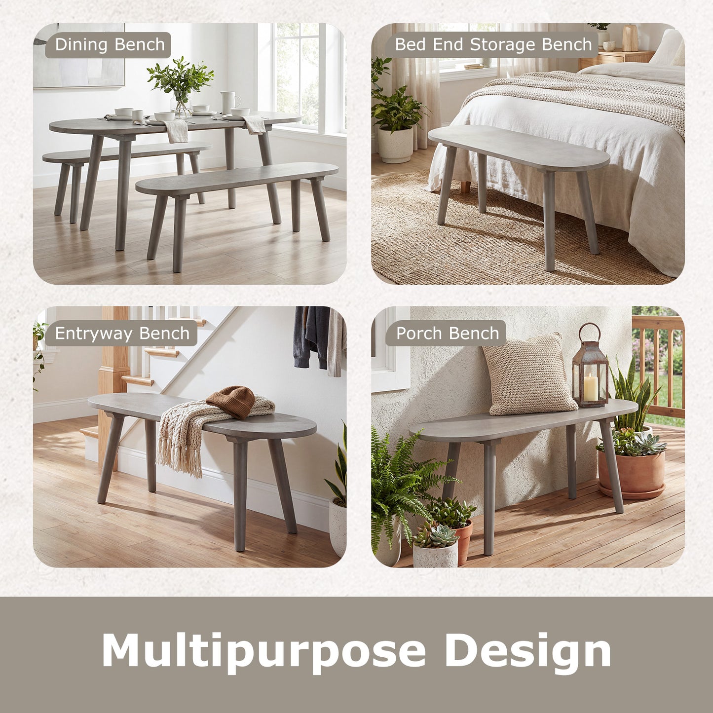 43 Inch Solid Wood Farmhouse Dining Bench Rustic Wooden Entryway Bench with Rubber Wood Legs, Gray