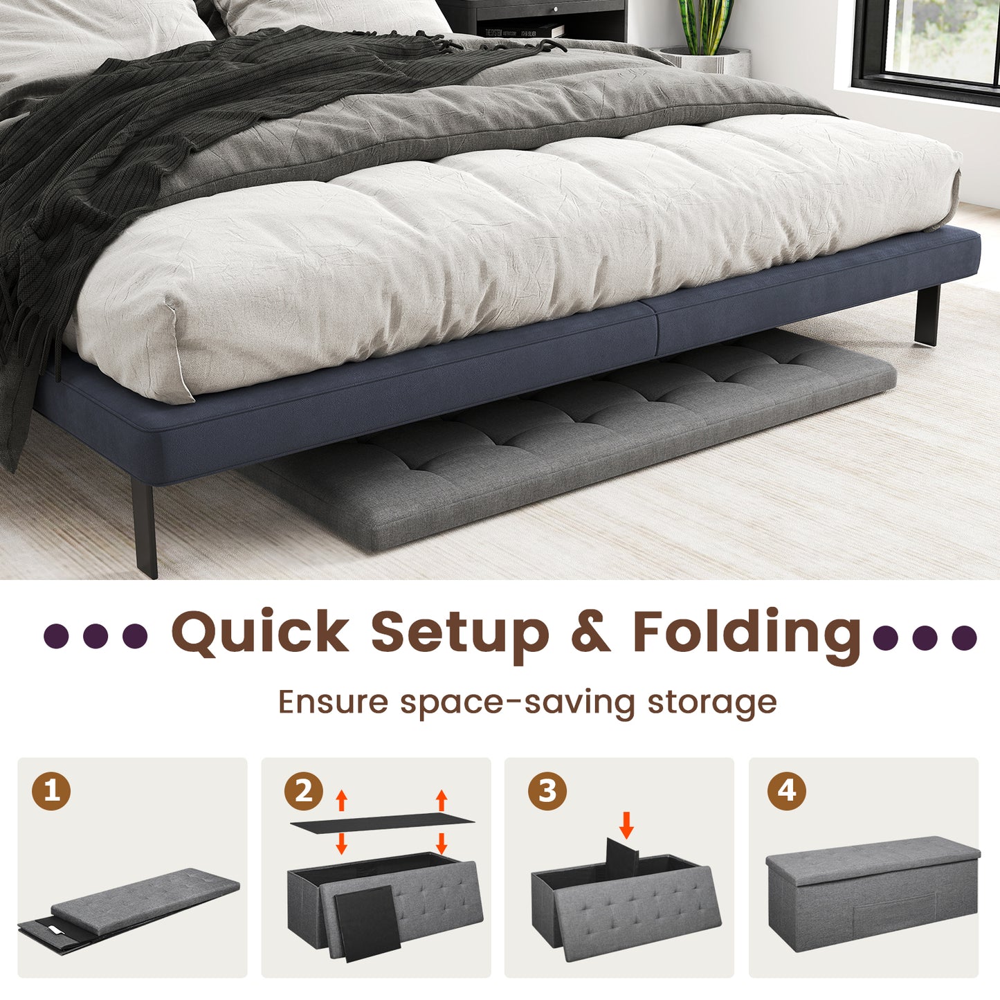 43 Inches Folding Ottoman Bench, Padded Seat Storage, Dark Gray Shoe Racks & Storage Benches at Gallery Canada