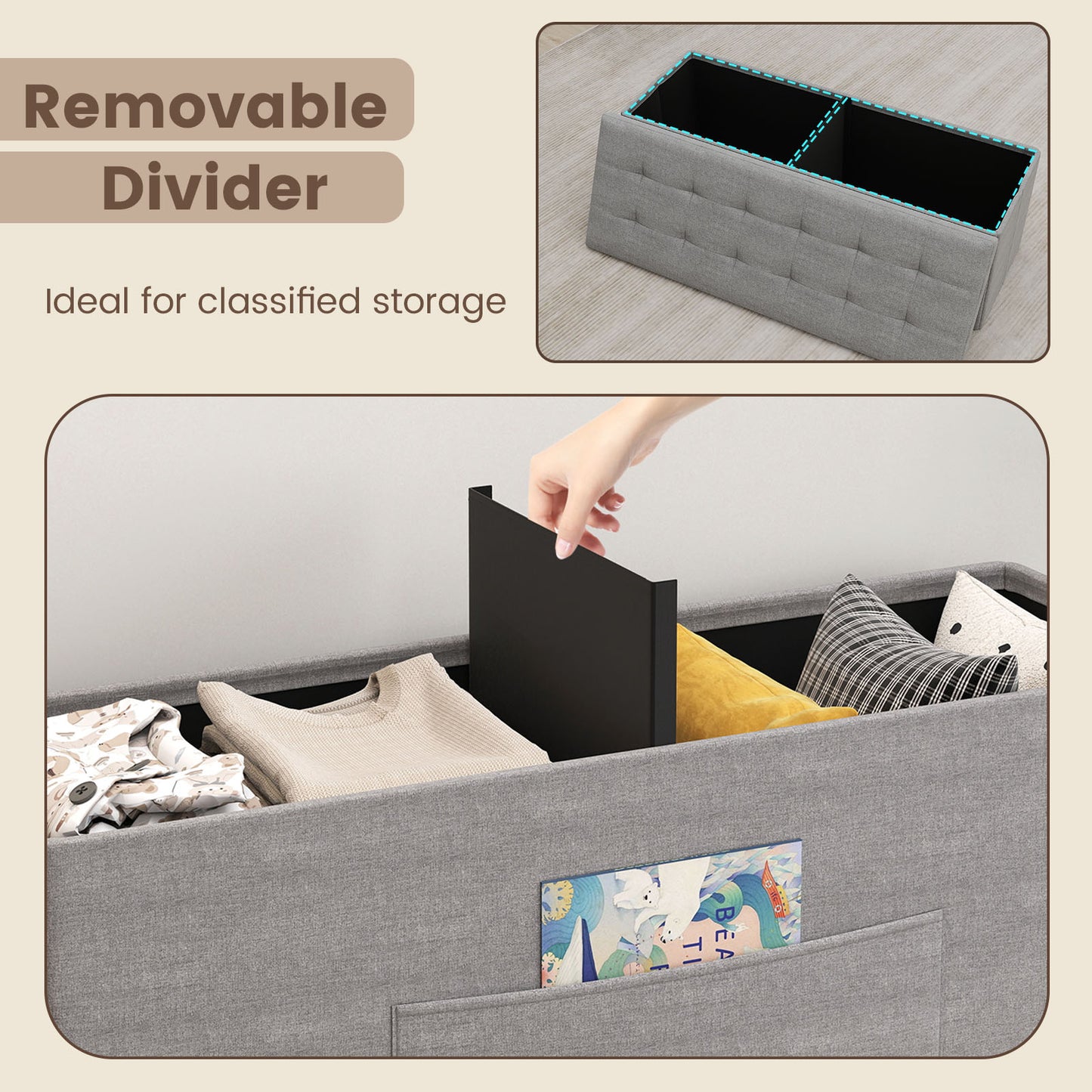 43 Inch Folding Storage Ottoman Bench, Linen, Light Gray Shoe Racks & Storage Benches at Gallery Canada