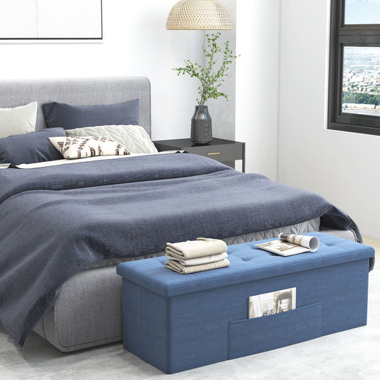 43 Inches Folding Storage Ottoman Bench, Linen Padded Seat, Navy Shoe Racks & Storage Benches Navy at Gallery Canada