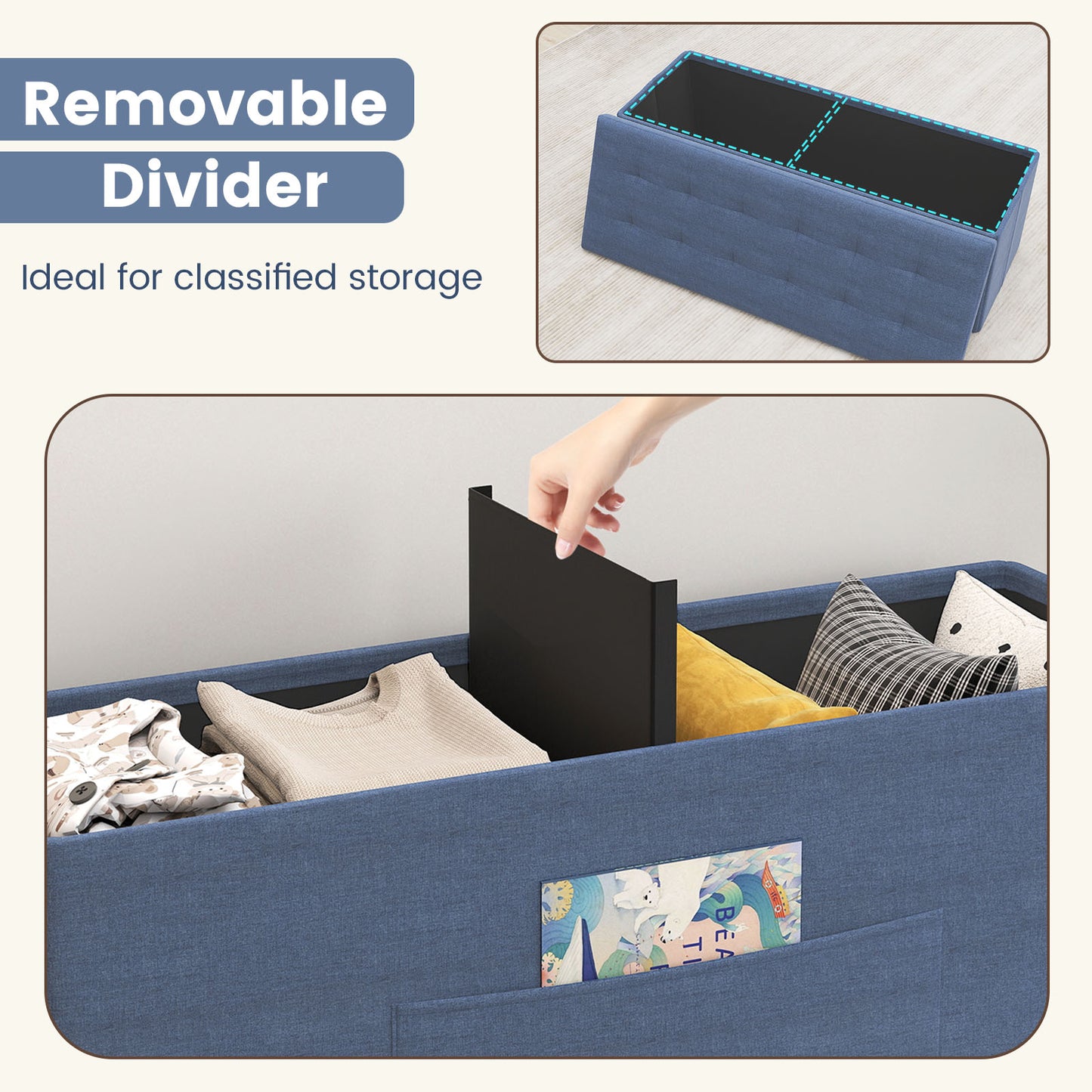 43 Inches Folding Storage Ottoman Bench, Linen Padded Seat, Navy Shoe Racks & Storage Benches at Gallery Canada
