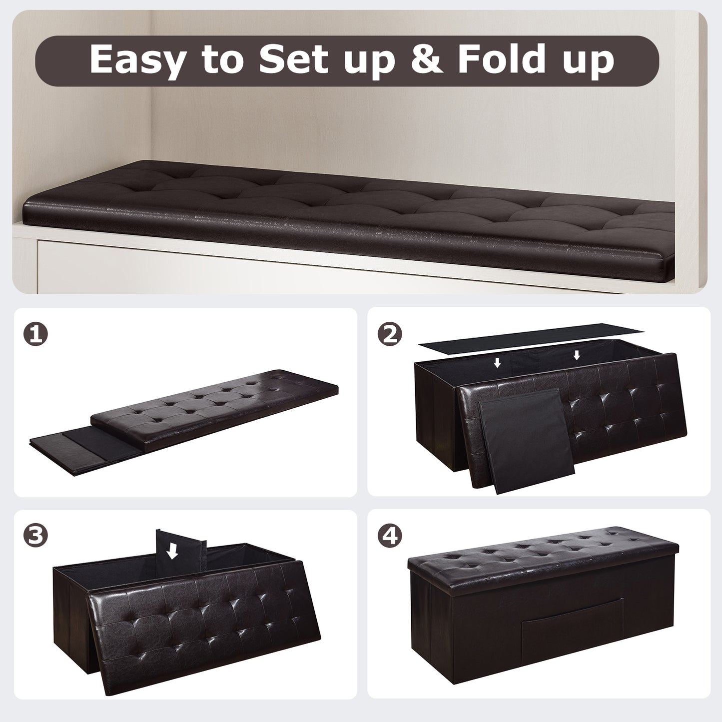 43 Inches Folding Storage Ottoman Bench Foot Rest Stool End of Bed Bench, Brown Shoe Racks & Storage Benches at Gallery Canada