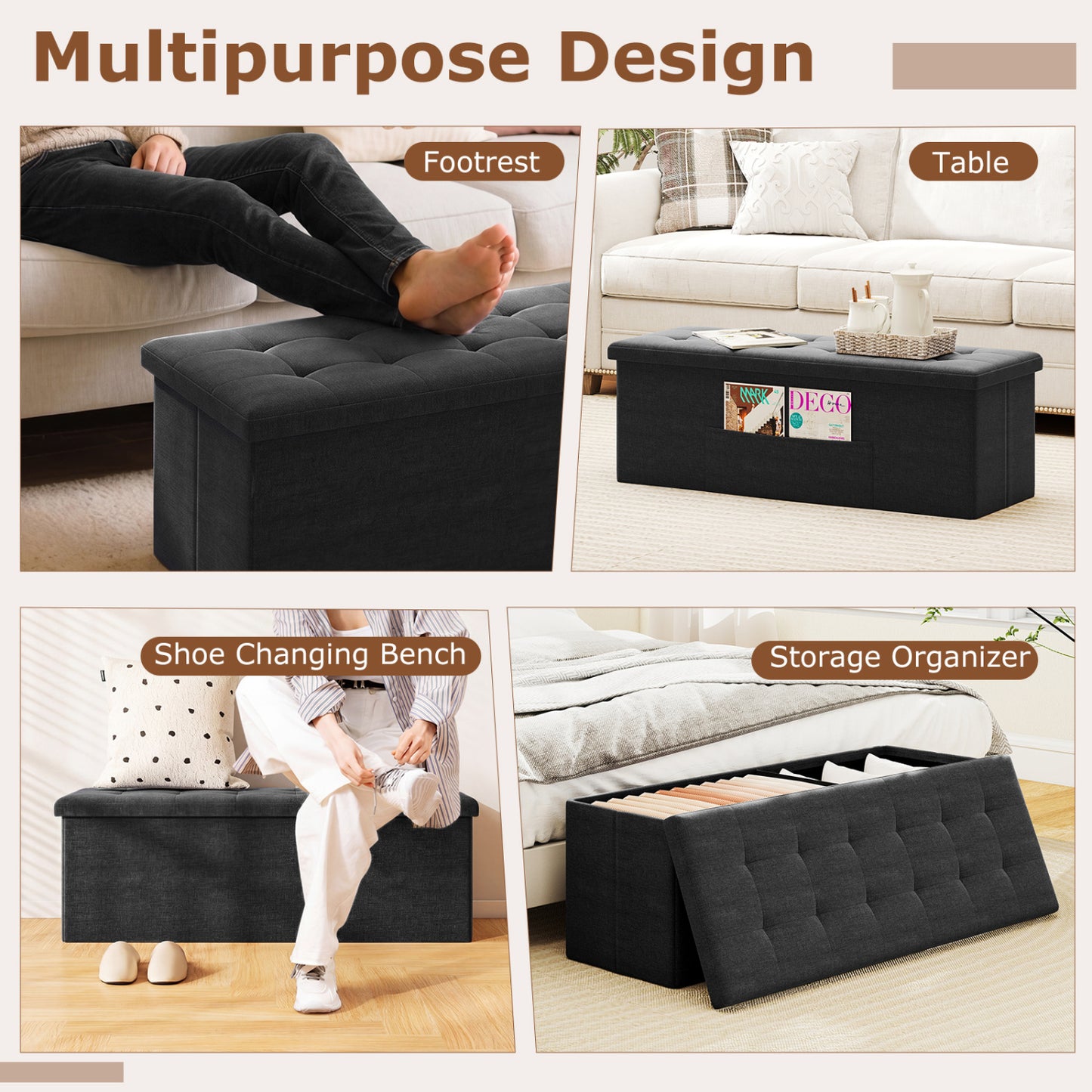 43 Inches Folding Storage Ottoman Bench with Padded Seat, Black Shoe Racks & Storage Benches at Gallery Canada