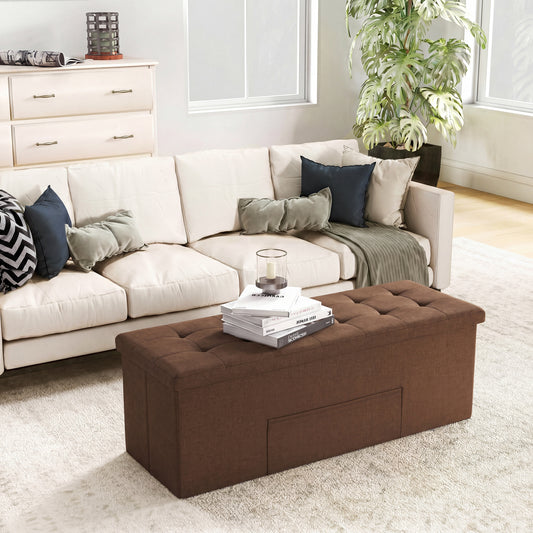 43 Inches Folding Storage Ottoman Bench, Linen, Padded Seat, Brown Shoe Racks & Storage Benches Brown at Gallery Canada