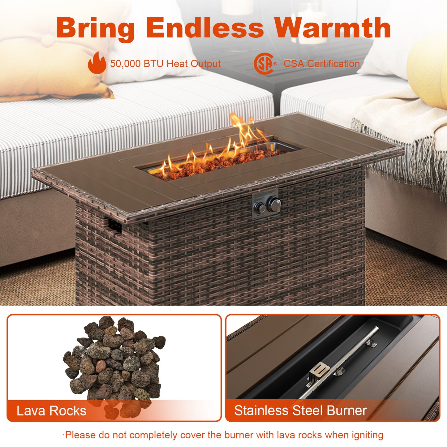 44.5 Inch Propane Fire Pit Table, Rattan Gas, Stainless Steel Burner, Brown Fire Pits at Gallery Canada