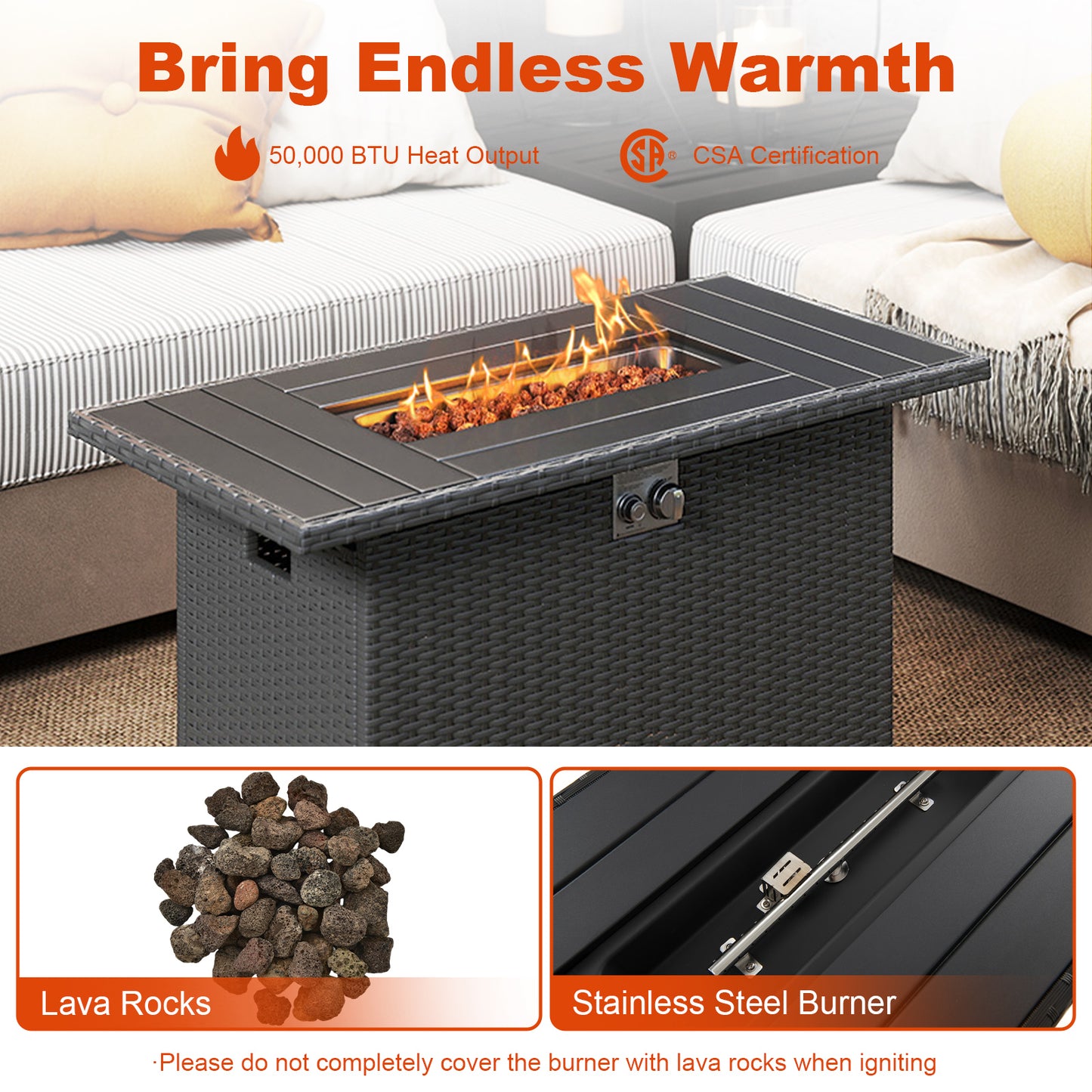 44.5 Inch Propane Fire Pit Table, Rattan Gas, Stainless Steel Burner, Black Fire Pits at Gallery Canada