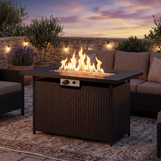 44.5 Inch Propane Fire Pit Table Rattan Gas 2-in-1 with Stainless Steel Burner, Black & Gray Fire Pits Black & Gray at Gallery Canada
