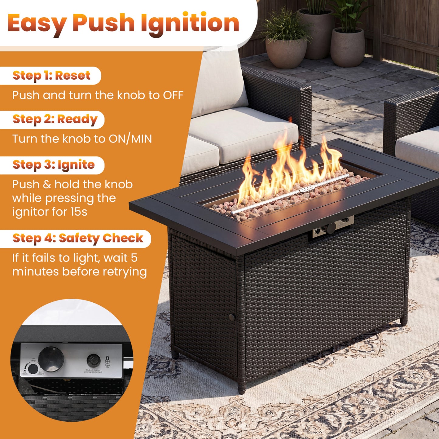 44.5 Inch Propane Fire Pit Table Rattan Gas 2-in-1 with Stainless Steel Burner, Black & Gray Fire Pits at Gallery Canada