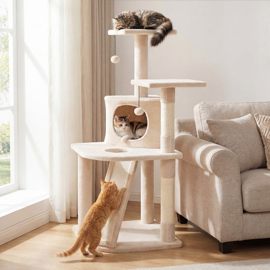 44 Inch Kitten Tower With Condo, 2 Plush Perches, Beige