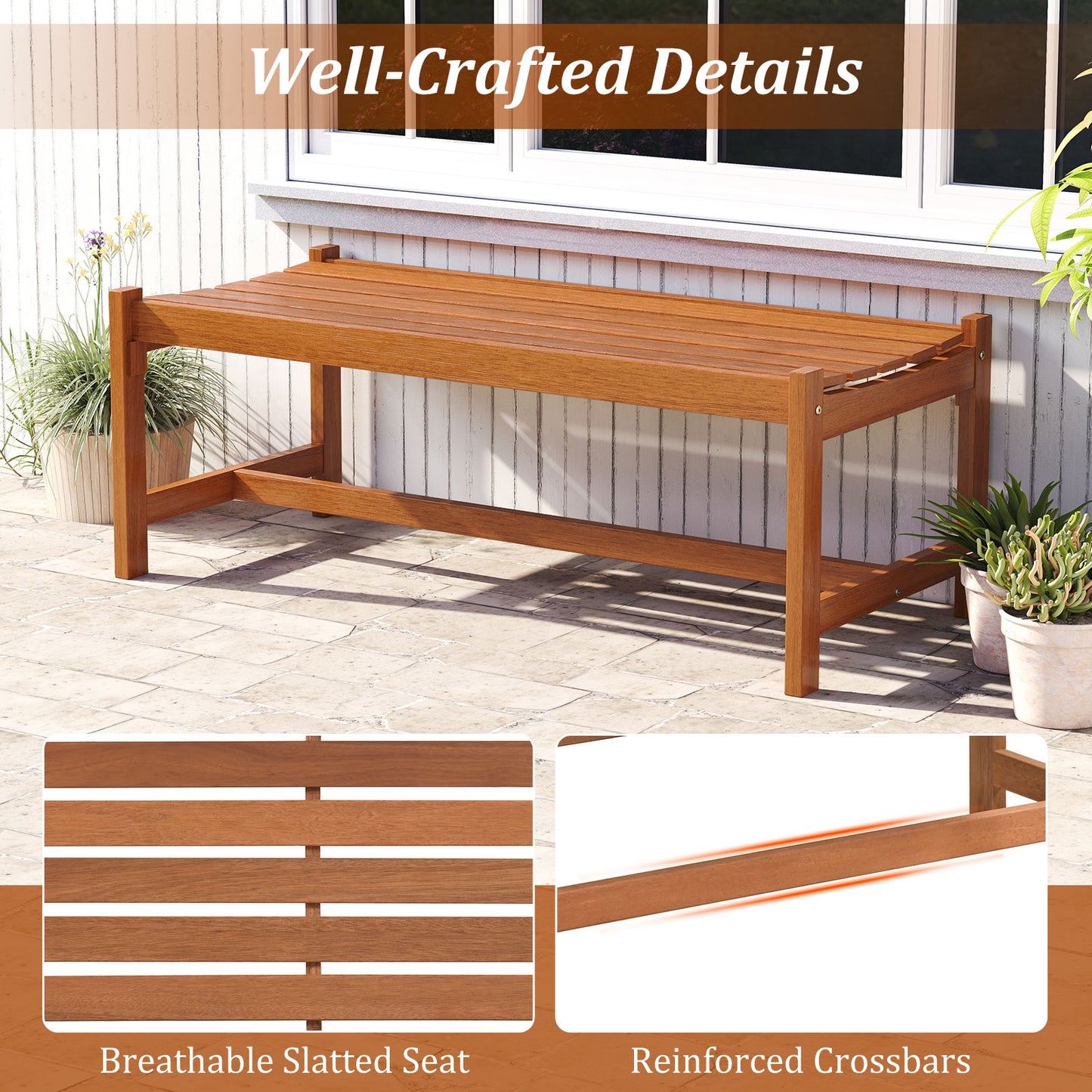 44" Patio Wood Bench, Outdoor Solid Hardwood, Teak Oil Finish Outdoor Benches at Gallery Canada