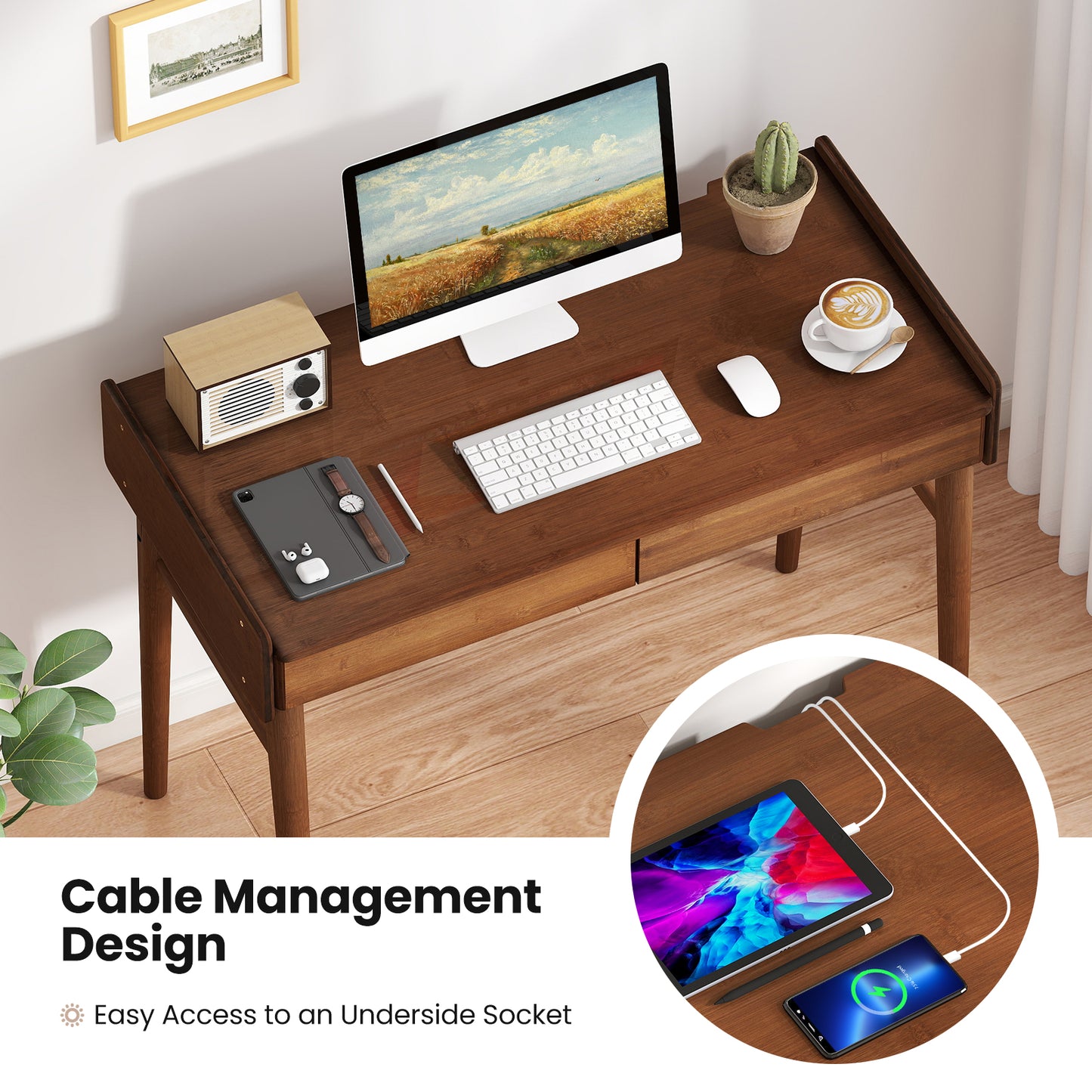 Bamboo Writing Desk With 2 Drawers, Open Shelf, Walnut Writing Desks at Gallery Canada