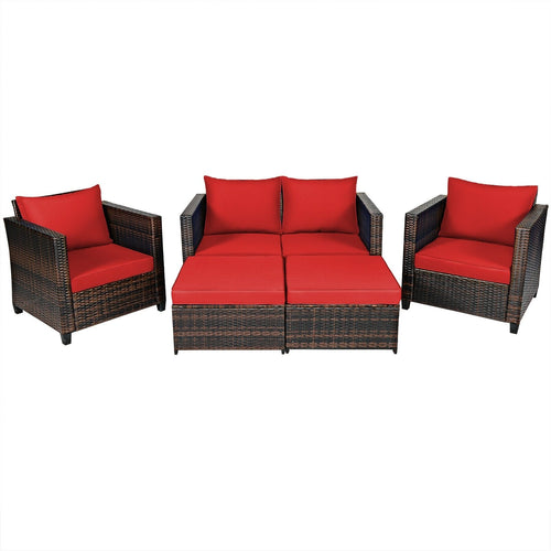 5 Pieces Patio Cushioned Rattan Furniture Set, Red