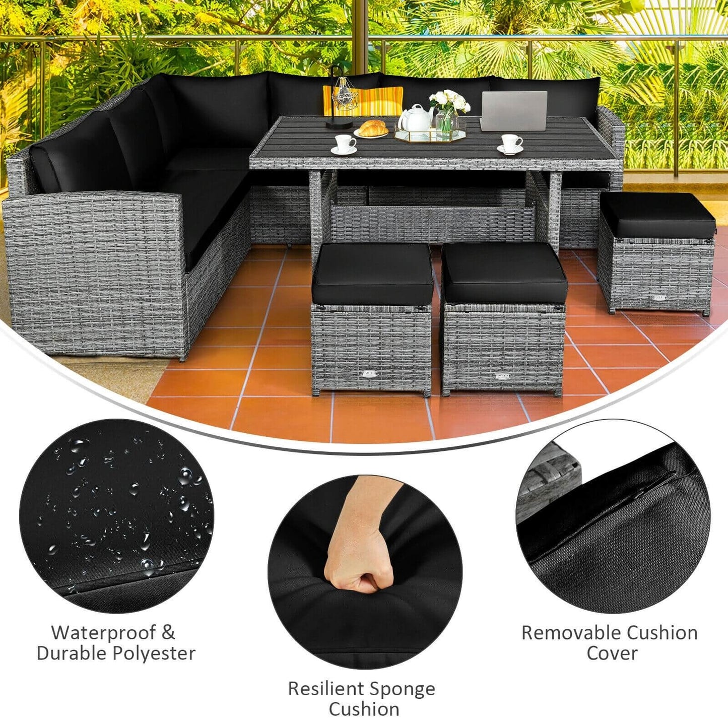 7-Piece Patio Rattan Dining Set, Sectional Sofa, Wicker Ottoman, Black Outdoor Sectionals at Gallery Canada