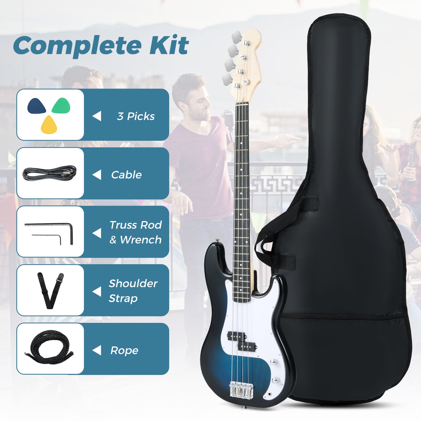 45.5 Inch Electric Bass Guitar with Double Pickups and Gig Bag for Beginners, Blue Guitar & Strings at Gallery Canada