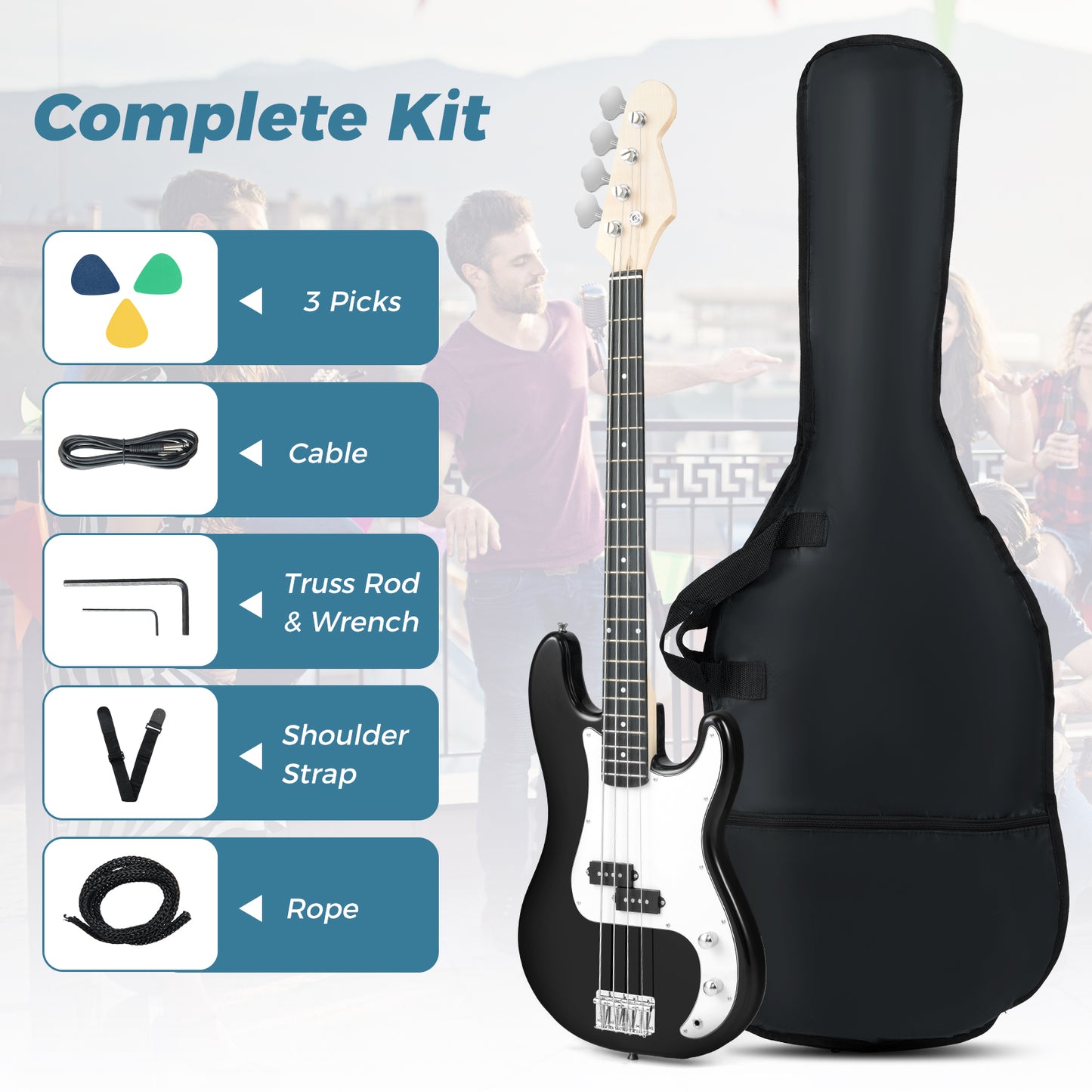 45.5 Inch Electric Bass Guitar with Double Pickups and Gig Bag for Beginners, Black Guitar & Strings at Gallery Canada