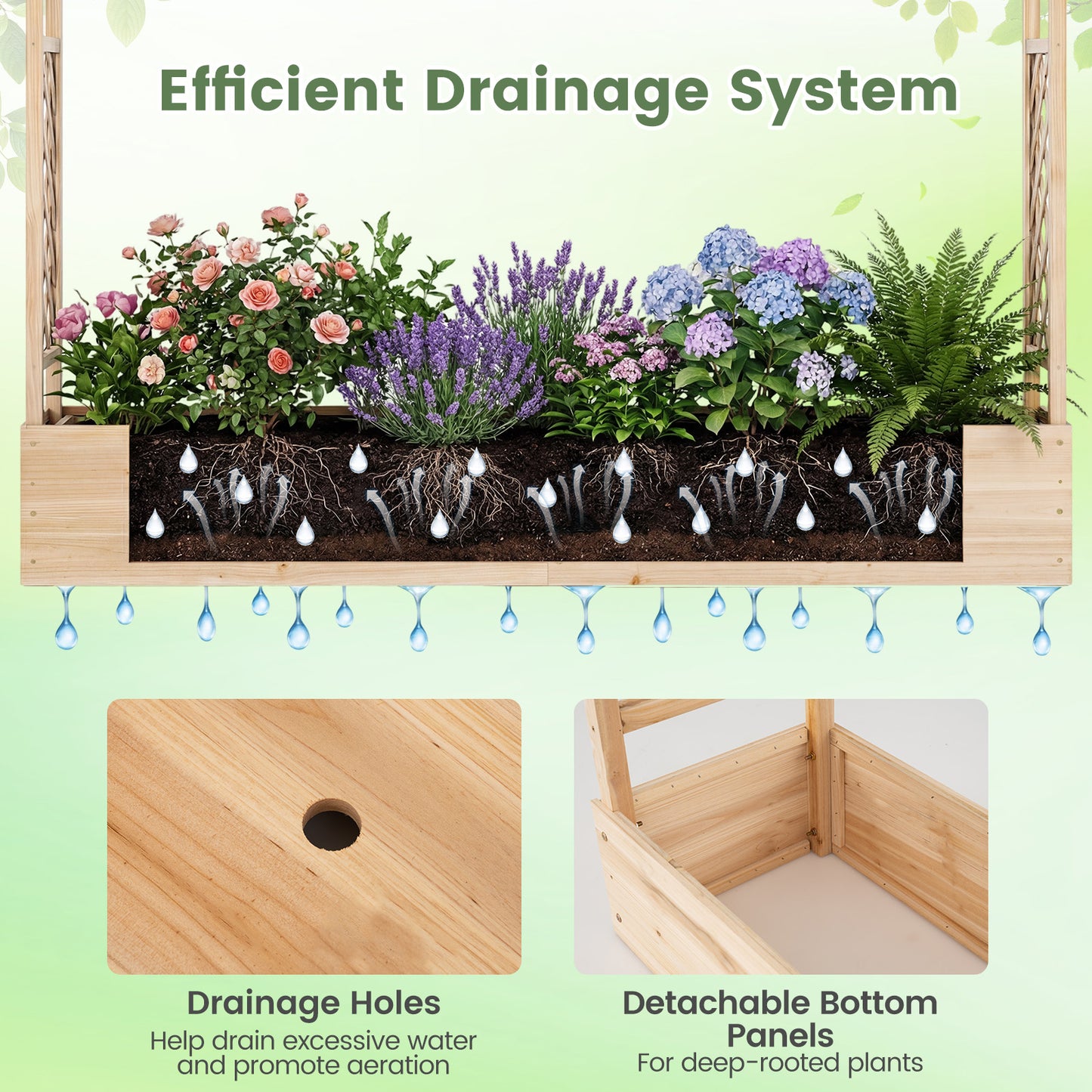 45 Inch Tall Wooden Raised Garden Bed with Side Trellis and Hanging Roof Drainage Holes, Natural Raised Garden Beds at Gallery Canada