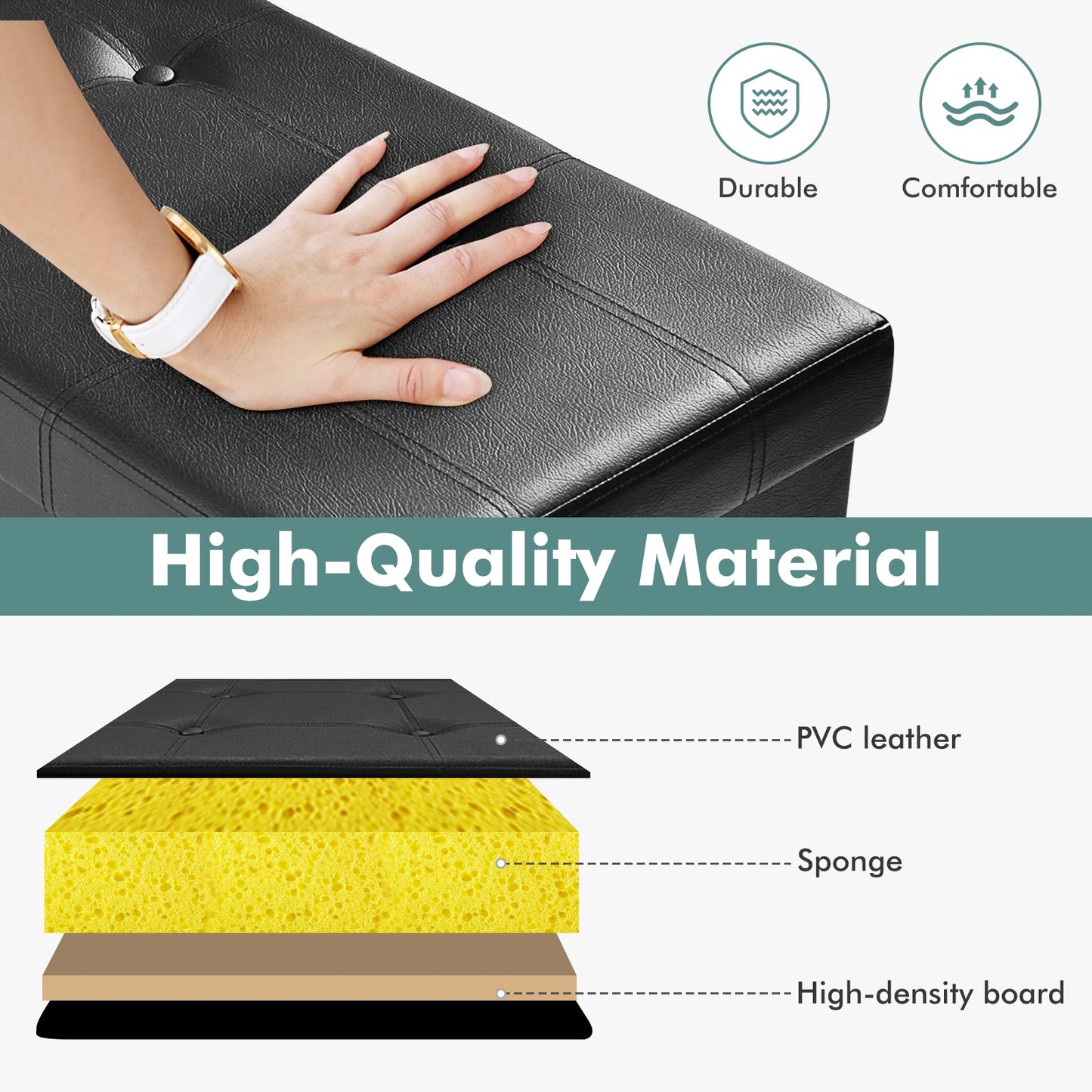 45 Inches Large Folding Ottoman Storage Seat, Black