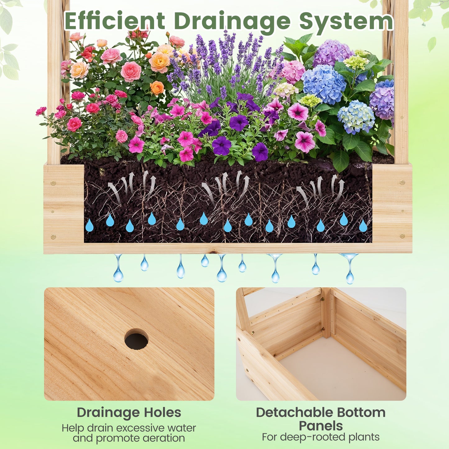 45 inch Tall Wooden Raised Garden Bed with Side Trellis and Hanging Roof, Natural Raised Garden Beds at Gallery Canada