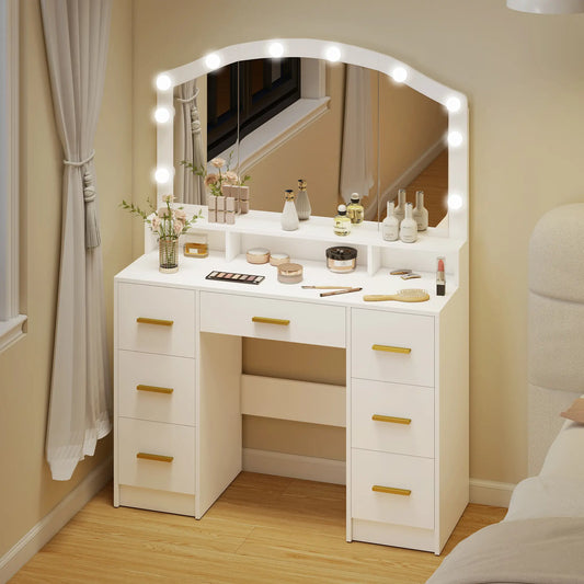 Makeup Vanity with Mirror, 10 LED Lights, 3 Color Adjustable, 7 Drawers, White