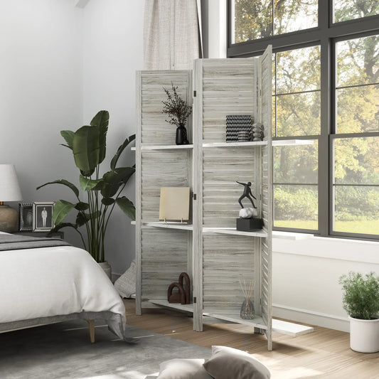 4-Panel Wall Partition, 3 Storage Shelves, Foldable, Wooden Frame, 5.6FT, Distressed White, White Room Dividers Distressed White at Gallery Canada