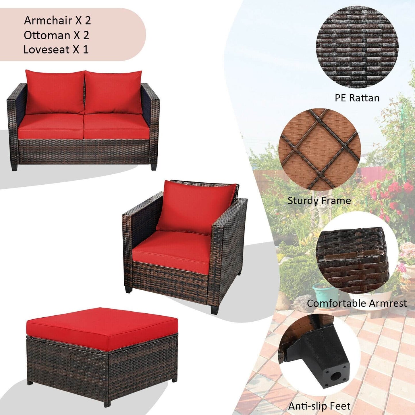 5-Piece Rattan Patio Furniture Set, Red Outdoor Sectionals at Gallery Canada