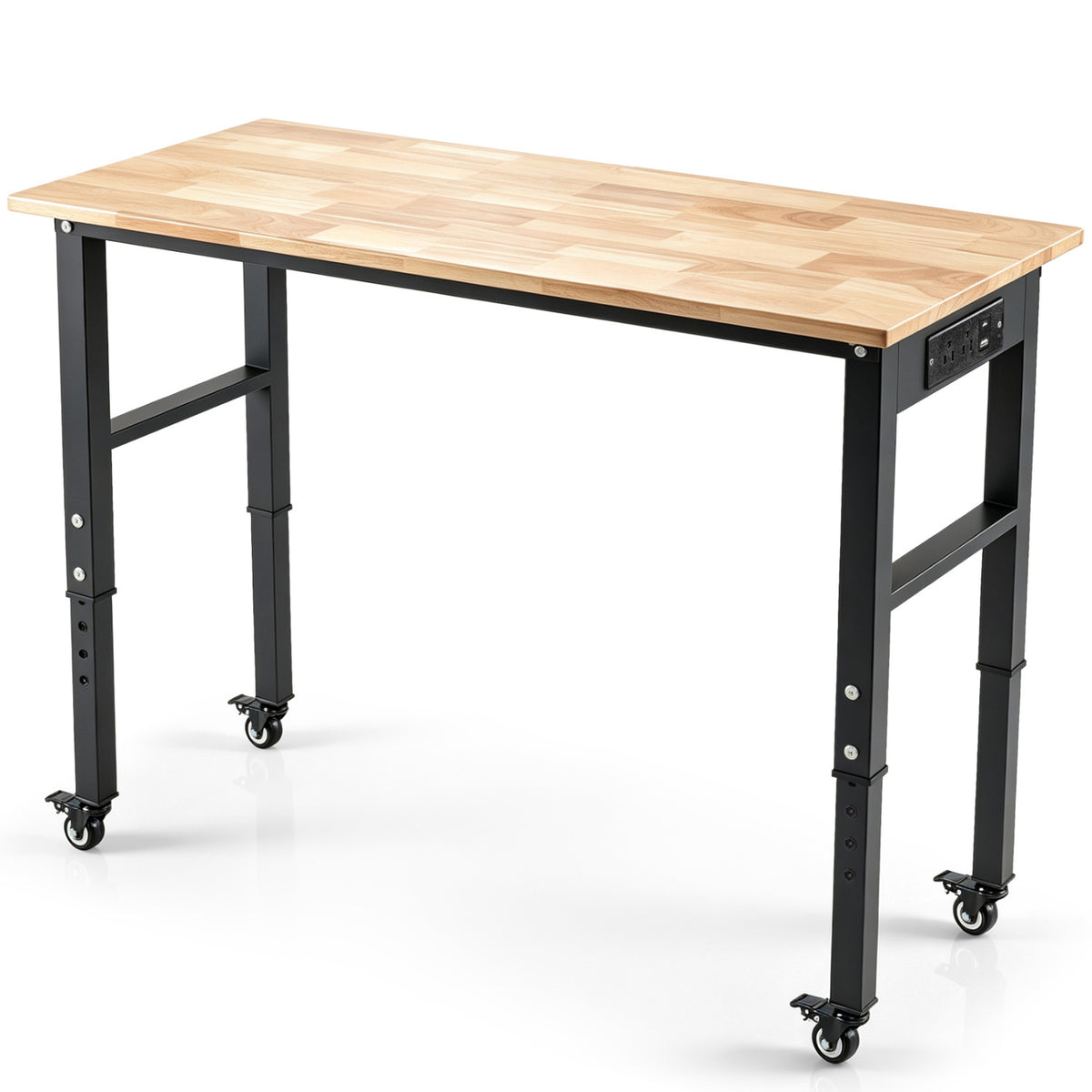 46 Inch Adjustable Height Workbench, Wheels, Oak Top, Natural