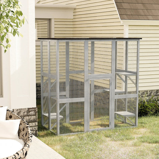 Large Outdoor Catio Enclosure, Weatherproof Cat House, Wooden Patio Cage, 6 Platforms, 71" x 39" x 71", Grey Outdoor Cat Enclosures Grey at Gallery Canada