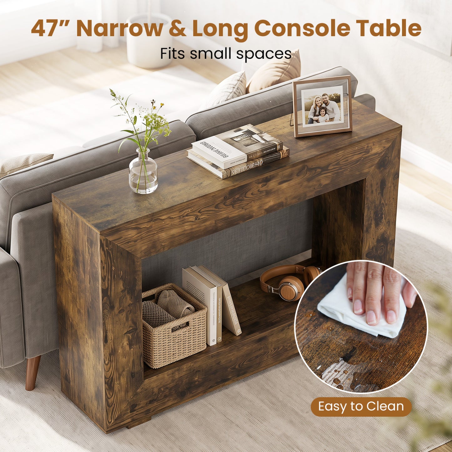 Table console de ferme à 2 niveaux, étagère ouverte, brun rustique