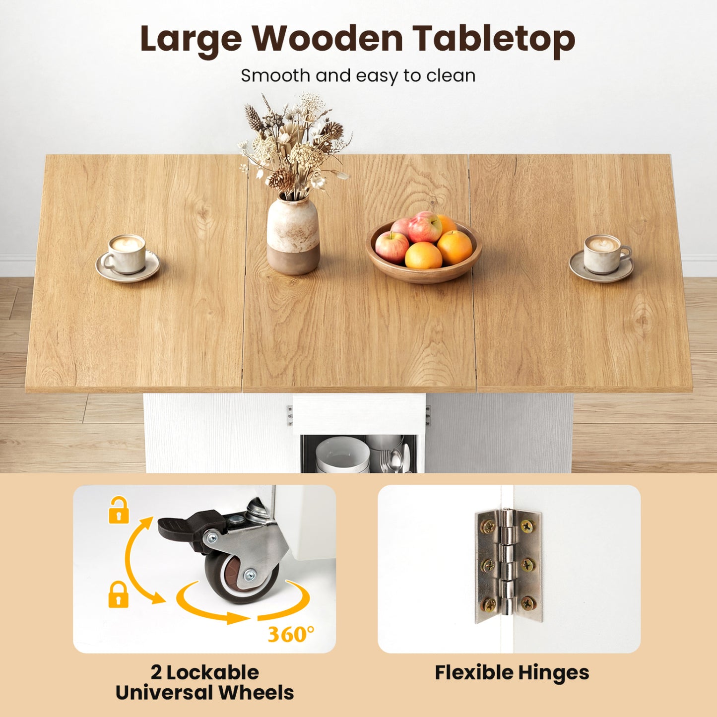 47.5 Inch Farmhouse Extendable Wooden Dinner Table with Lockable Wheels, White Dining Tables at Gallery Canada