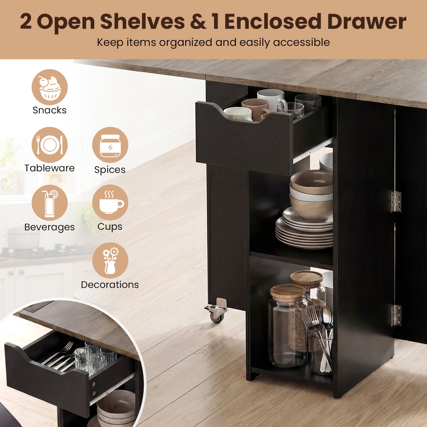 47.5 Inch Extendable Wooden Dinner Table, Lockable Wheels, Oak