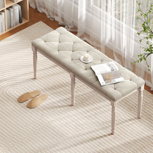 47.5 Inch Upholstered Bench with Carved Rubber Wood Legs and Padded Seat, Beige Shoe Racks & Storage Benches Beige at Gallery Canada