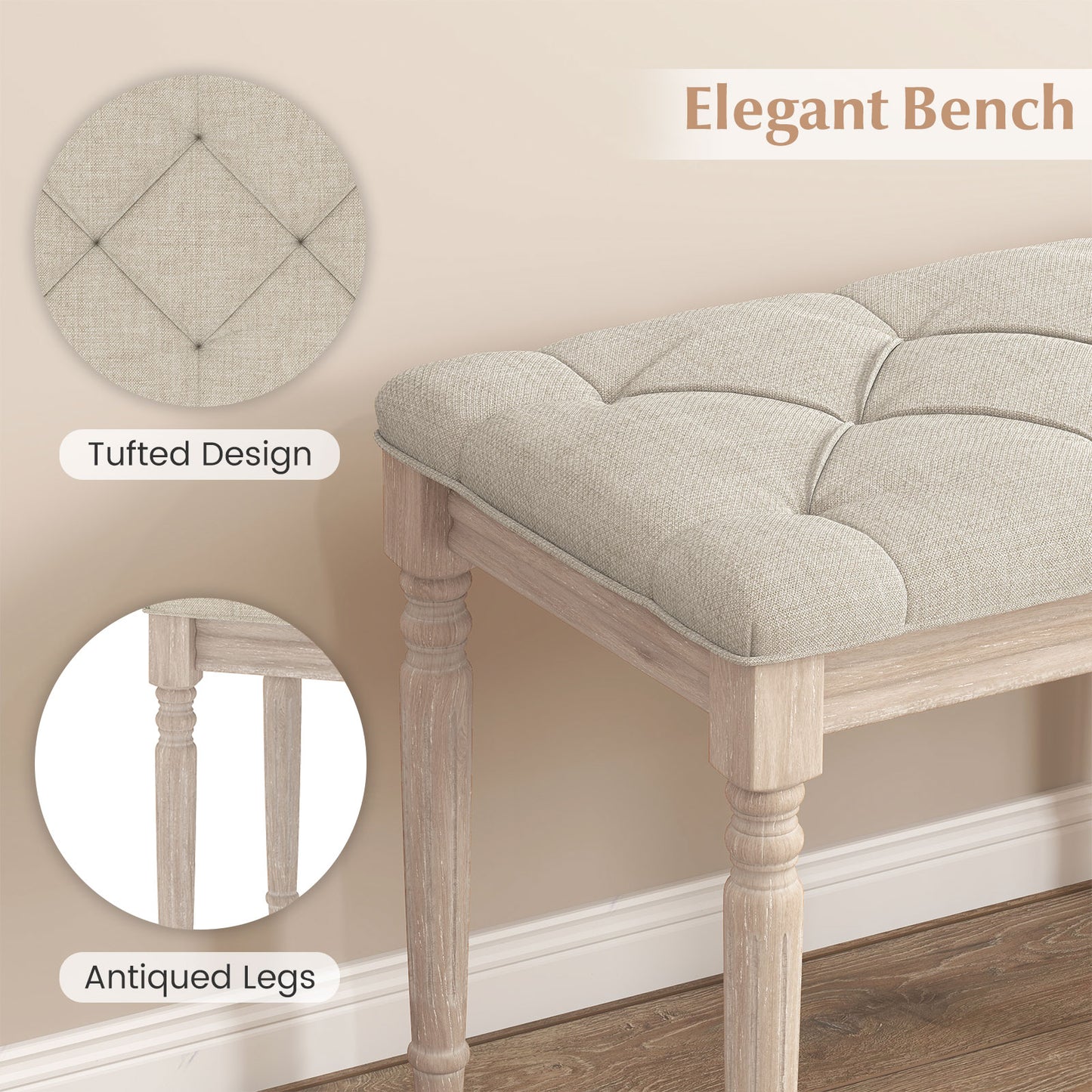 47.5 Inch Upholstered Bench with Carved Rubber Wood Legs and Padded Seat, Beige Shoe Racks & Storage Benches at Gallery Canada
