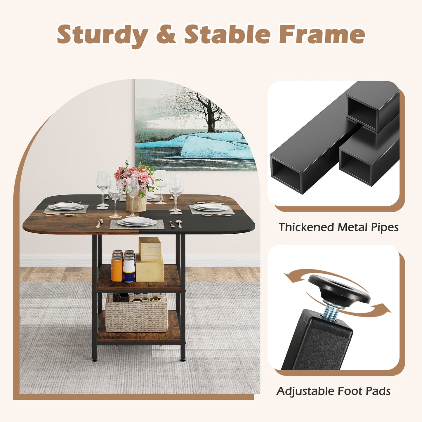 47.5 inch Modern Dining Table Square Kitchen Table with Mix-colored Tabletop, Rustic Brown Dining Tables at Gallery Canada