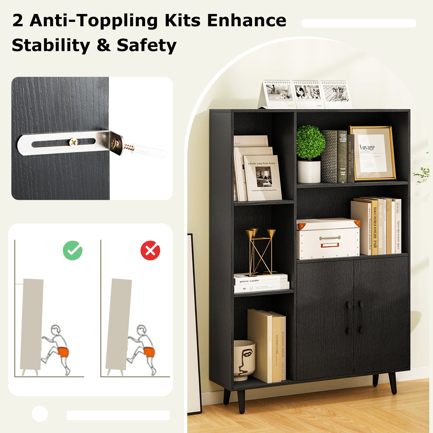 4 Inch Floor Bookshelf with 5 Open Compartments and Storage Cabinet, Black Bookcases at Gallery Canada