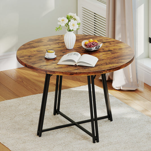 47 Inch Dining Table for 4-6 People Round Kitchen Table with Cross Base, Rustic Brown Dining Tables Rustic Brown at Gallery Canada