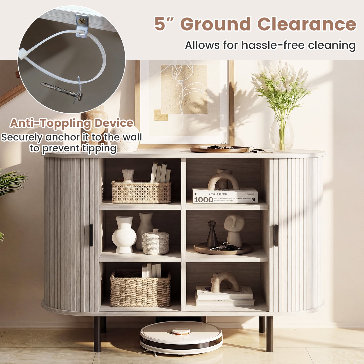 47 Inch Fluted Sideboard Buffet Cabinet, Tambour Sliding Doors, Gray Sideboards Cabinets & Buffets at Gallery Canada